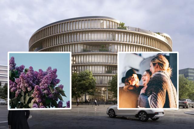 Foto av byggnaden Forskaren, samt foto av syrener och glada människor