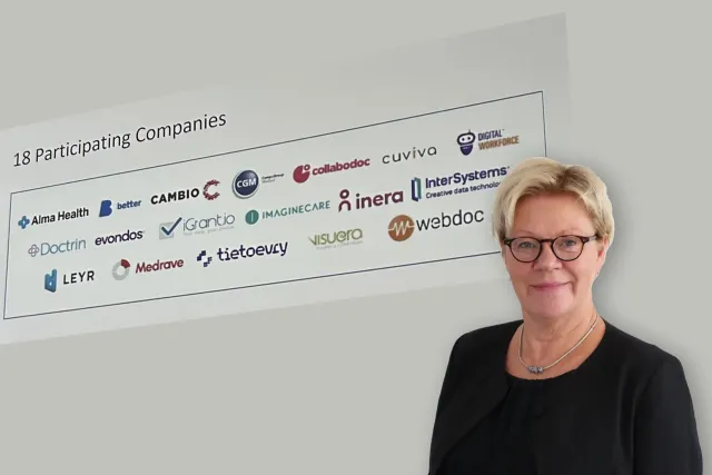 Foto av Monica Winge framför logotyper