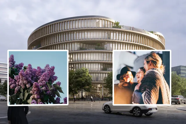 Foto av byggnaden Forskaren, syren och minglande människor