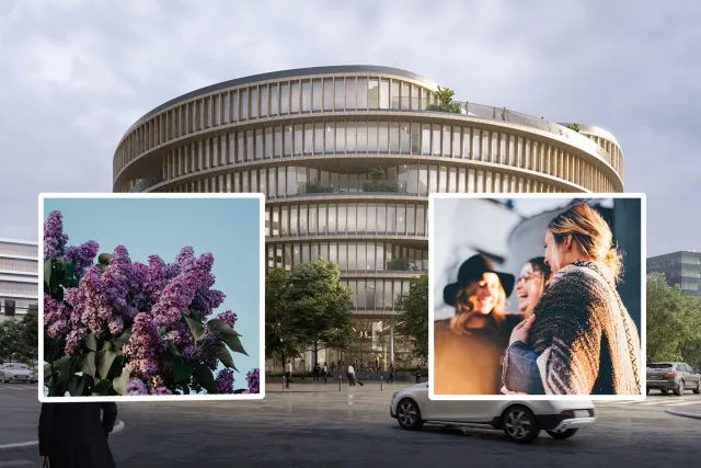 Foto av byggnaden Forskaren, ett foto av syrener samt av minglande personer