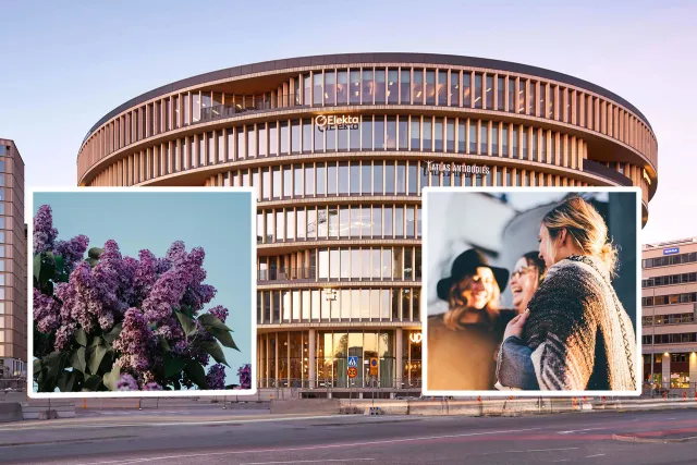 Foto av byggnaden Forskaren, ett foto av syrener samt av minglande personer