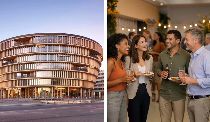 Photo of building and people mingling