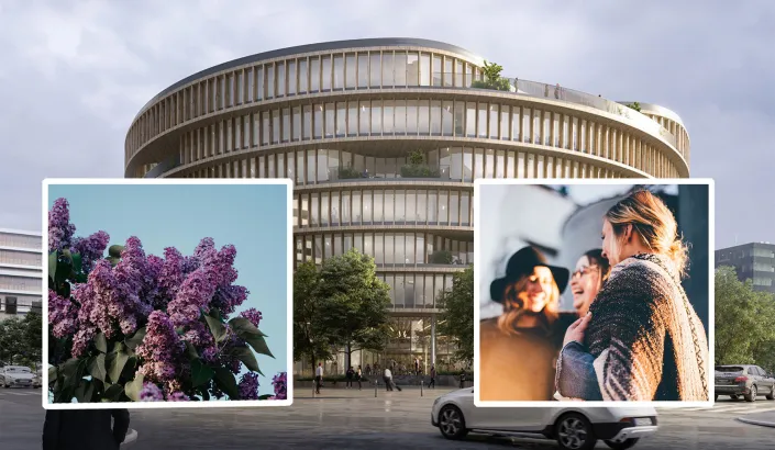 Foto av byggnaden Forskaren, ett foto av syrener samt av minglande personer