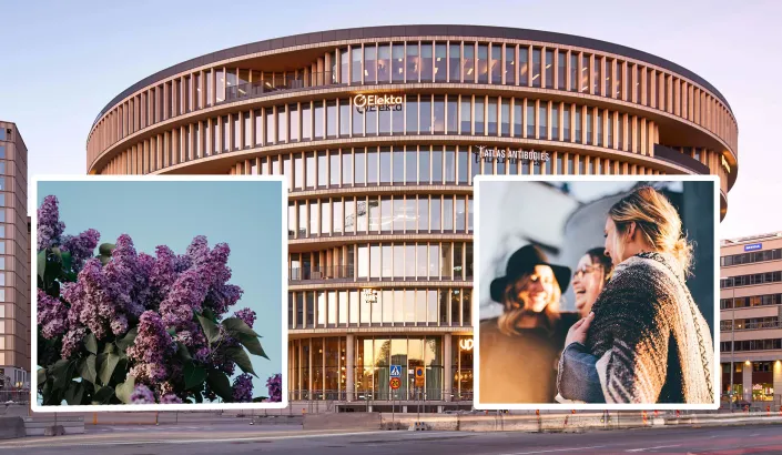 Foto av byggnaden Forskaren, ett foto av syrener samt av minglande personer