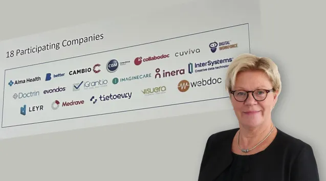 Foto av Monica Winge framför logotyper
